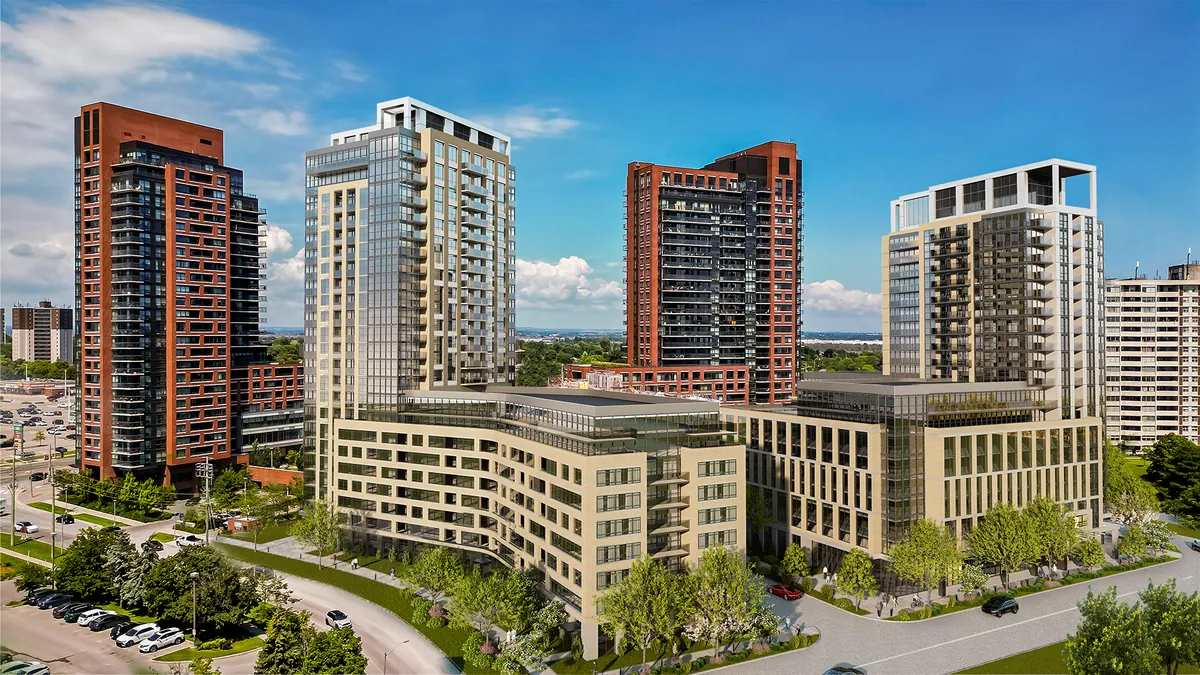 Aerial view of the residential towers and low-rise blocks at Weston and Finch